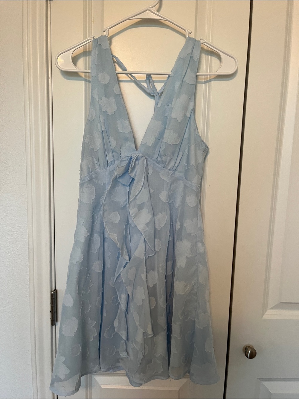 Hello Molly Light Blue Floral Ruffle Backless Dress